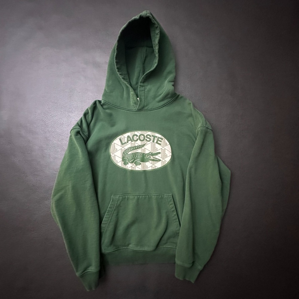 Lacoste Hoodie Mens Medium Green Loose Fit Boxy Graphic Logo 100% Cotton Preppy